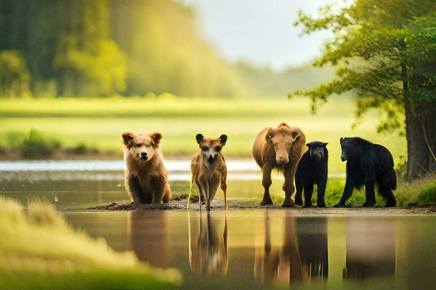 four bears and a dog standing next to a river. AI-Generated photo