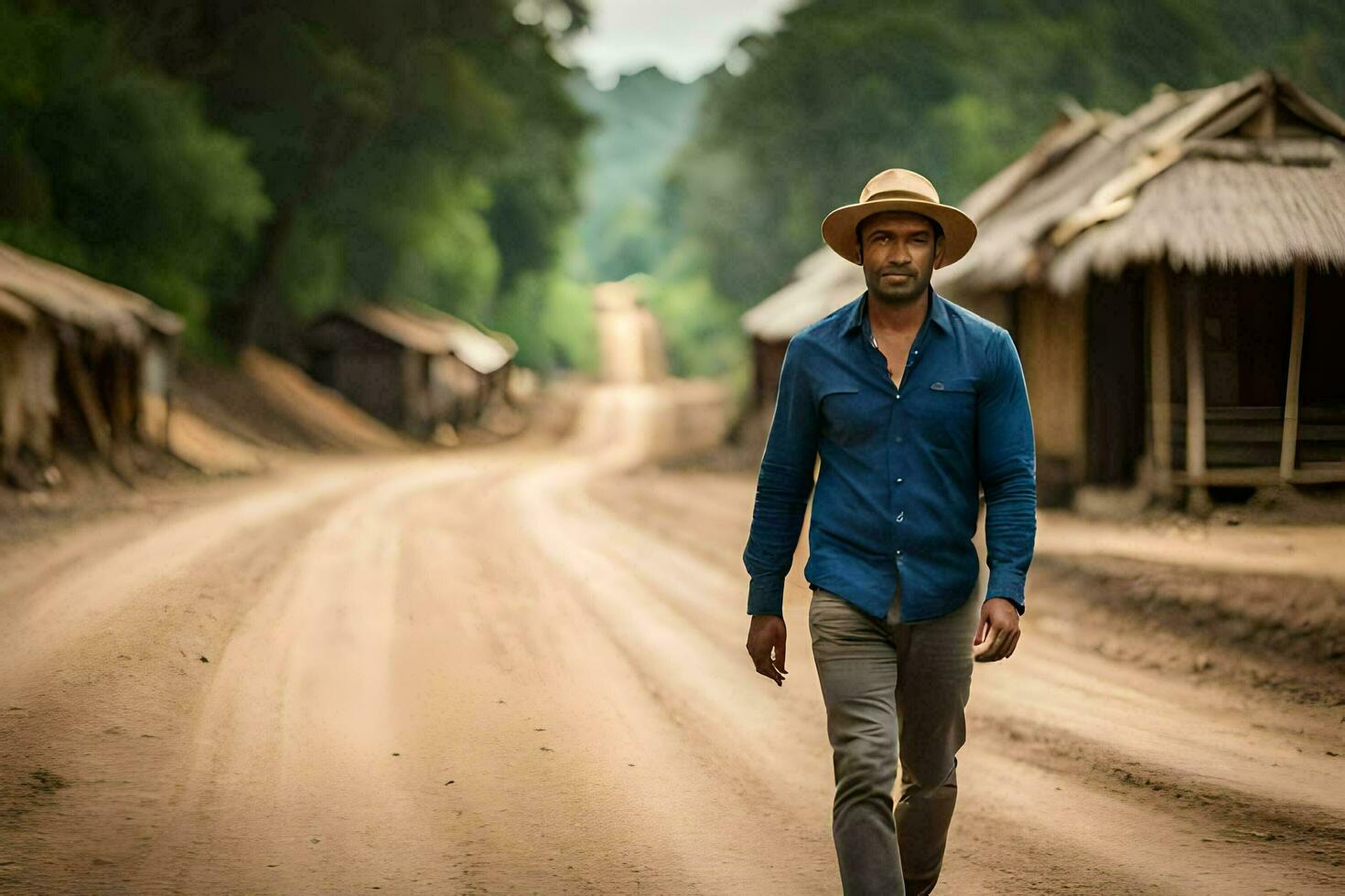 un hombre en un sombrero camina abajo un suciedad la carretera. generado por ai foto