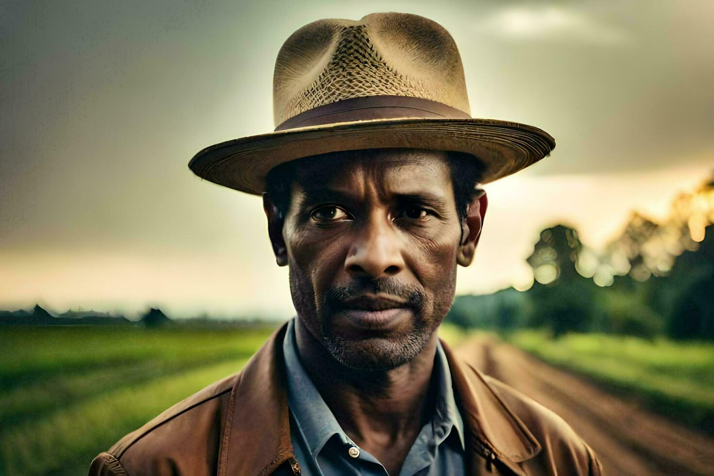 a man in a hat stands in a field. AI-Generated photo
