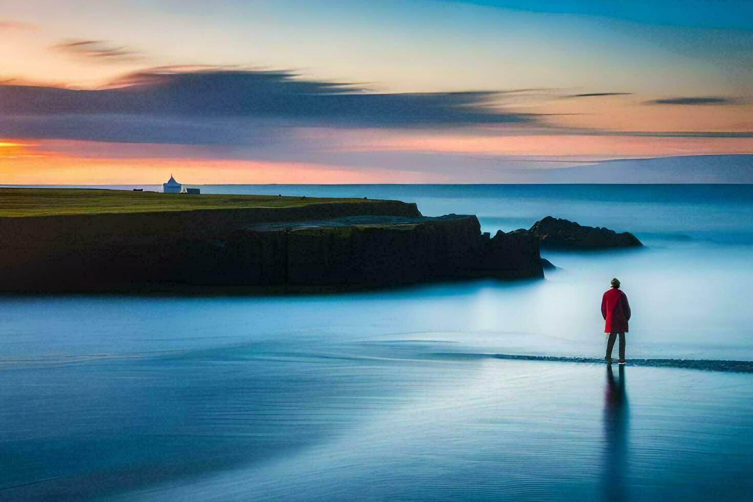 a man standing on the beach at sunset. AI-Generated photo