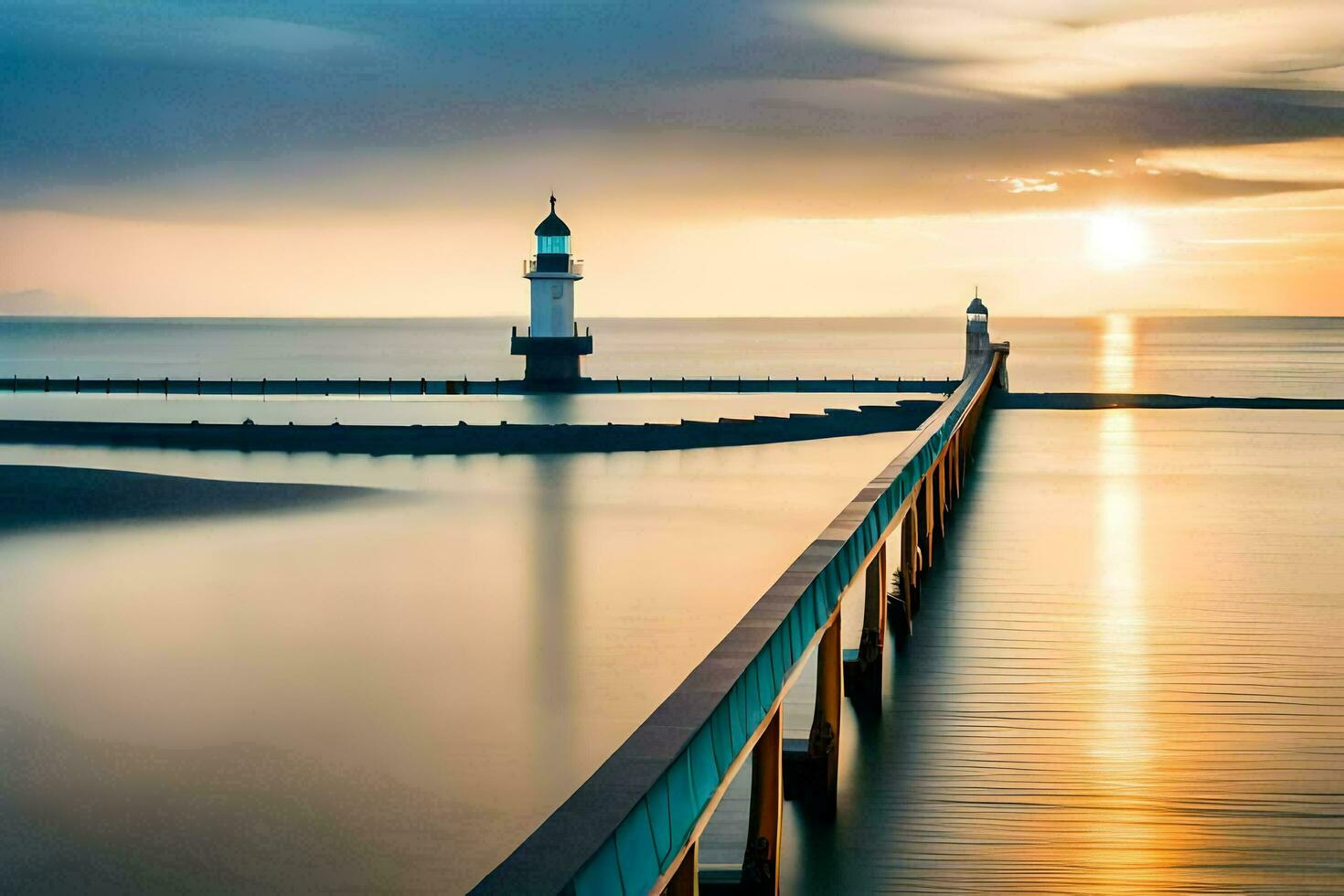 a lighthouse is seen in the distance at sunset. AI-Generated photo