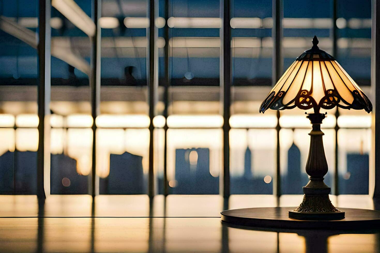 a lamp sitting on a table in front of a window. AI-Generated photo