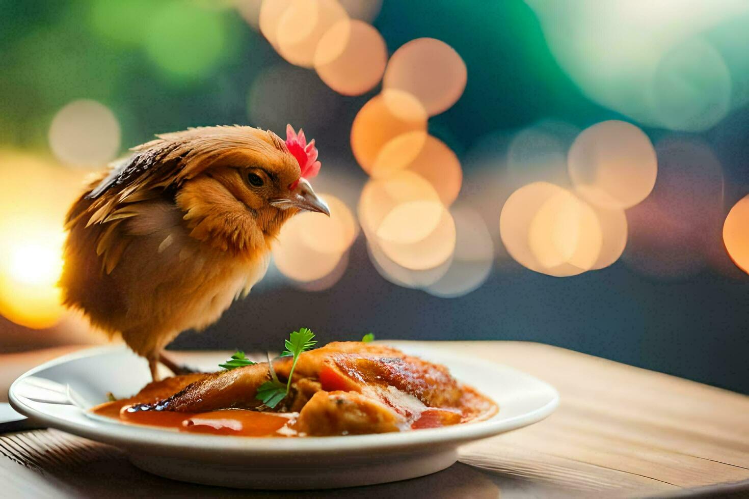 a chicken is sitting on a plate with food. AI-Generated photo