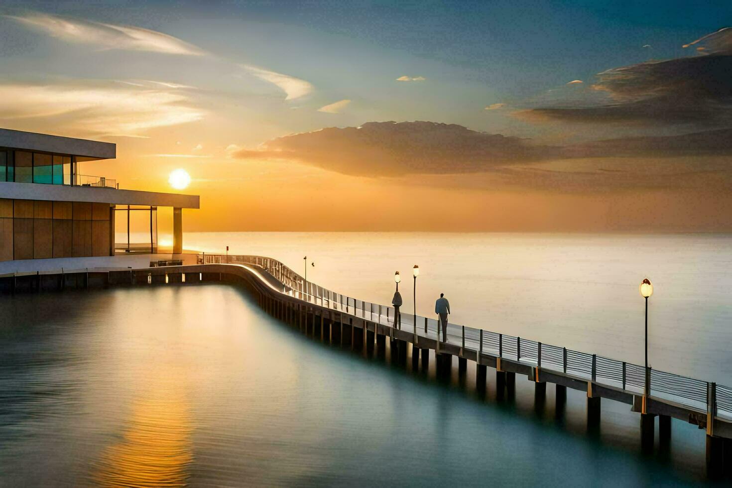 a pier with a building and a sunset over the water. AI-Generated photo