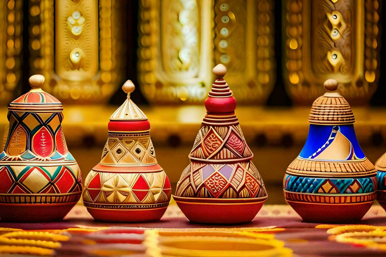 a row of colorful wooden vases on a table. AI-Generated photo