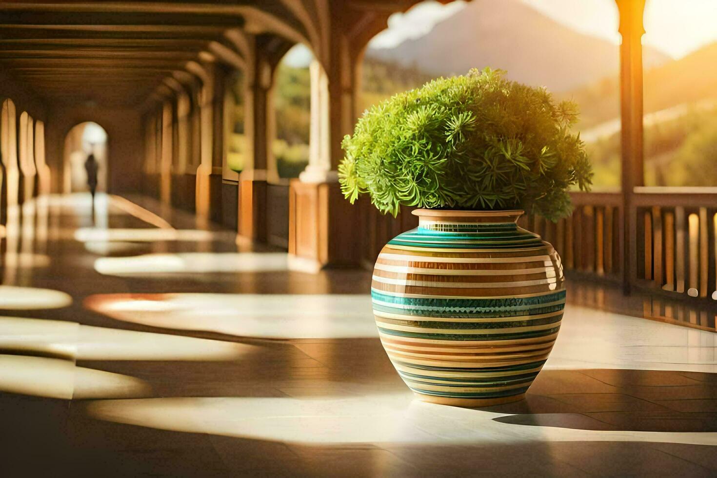 a vase with a plant in it on a walkway. AI-Generated photo