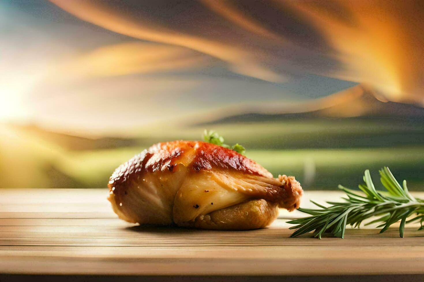 a chicken on a wooden table with a sunset in the background. AI-Generated photo