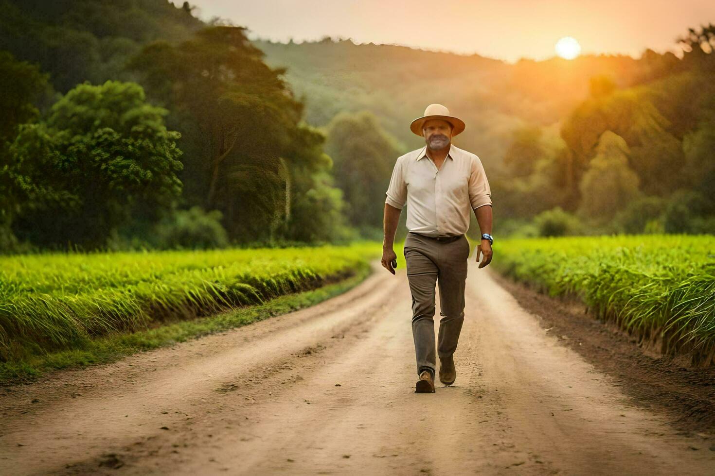a man in a hat walks down a dirt road. AI-Generated photo