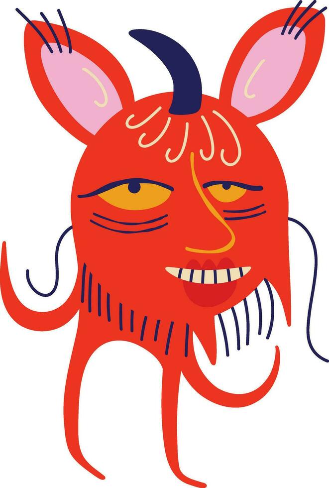 Vibrant Funny funky Strange lovely Halloween Demon. Character with devil face. Cute bizarre comic characters in modern flat hand drawn style vector