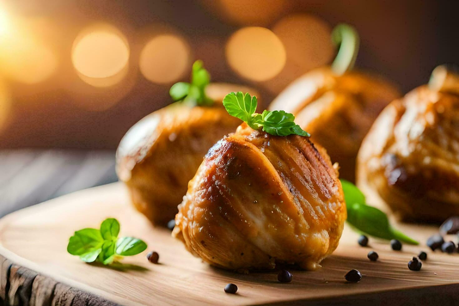 small baked apples on a wooden board. AI-Generated photo