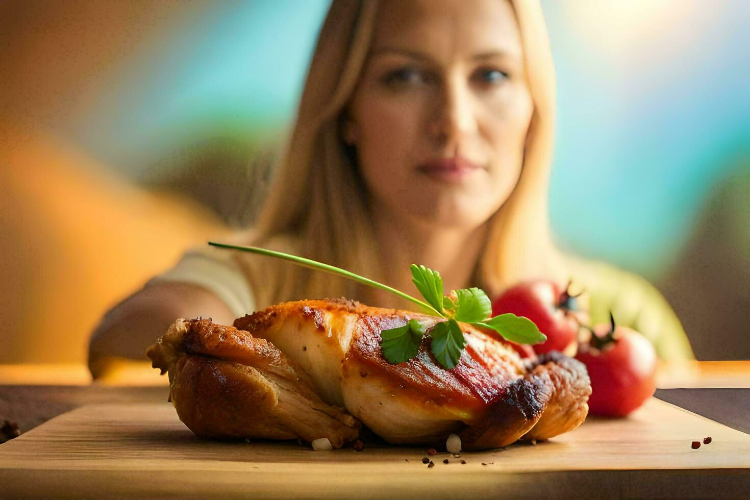 a woman is holding a chicken on a cutting board. AI-Generated photo
