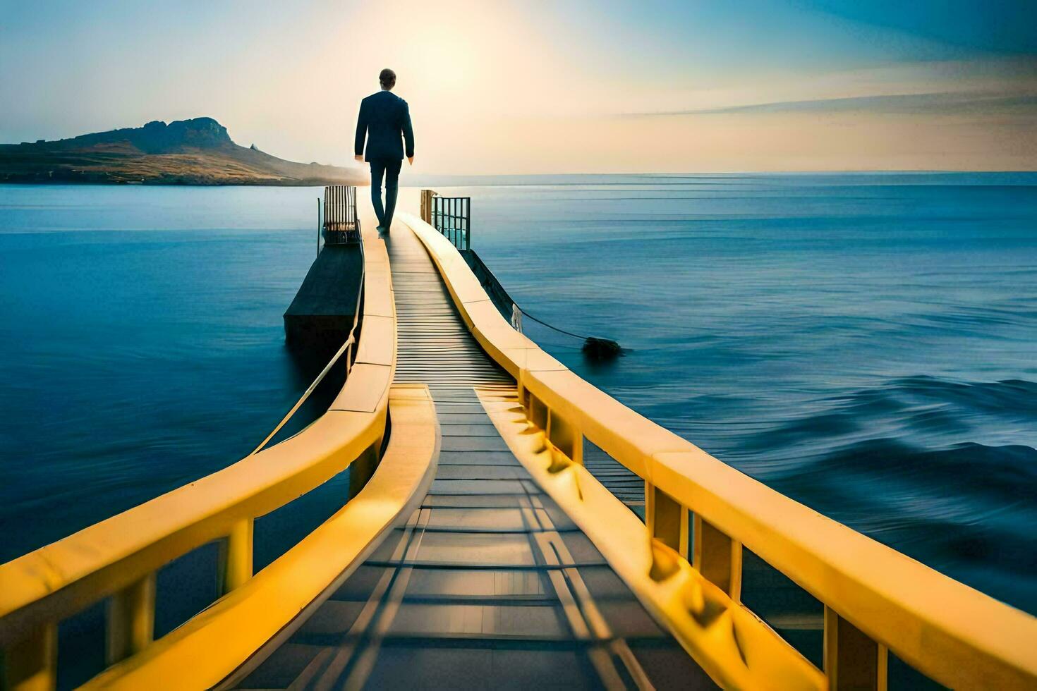 a man standing on a bridge over the ocean. AI-Generated photo