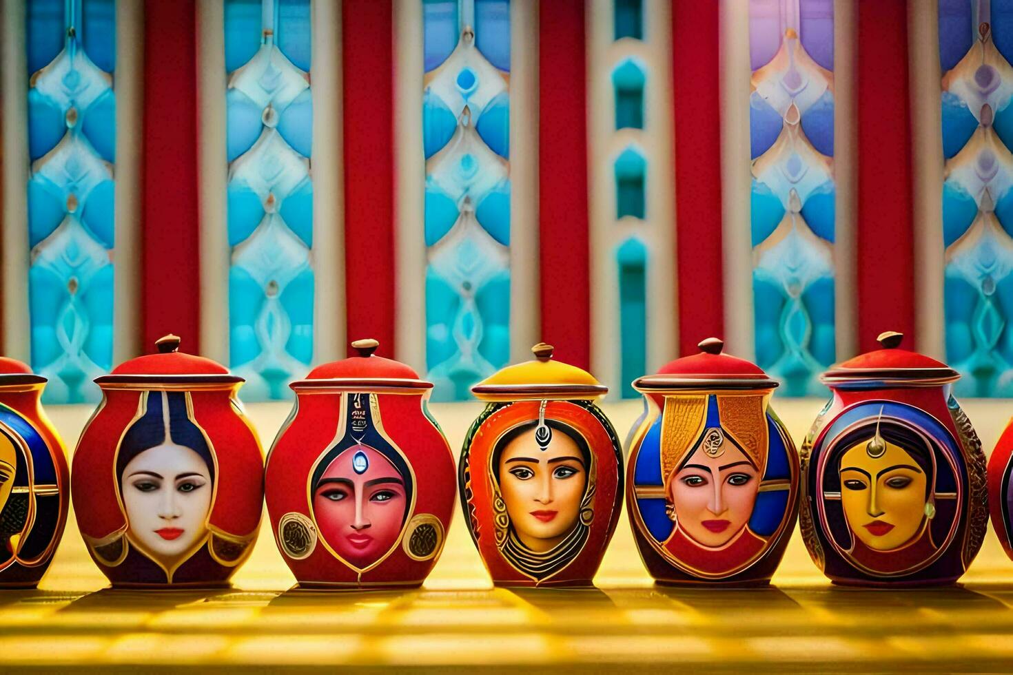 a row of colorful painted pots with faces on them. AI-Generated photo