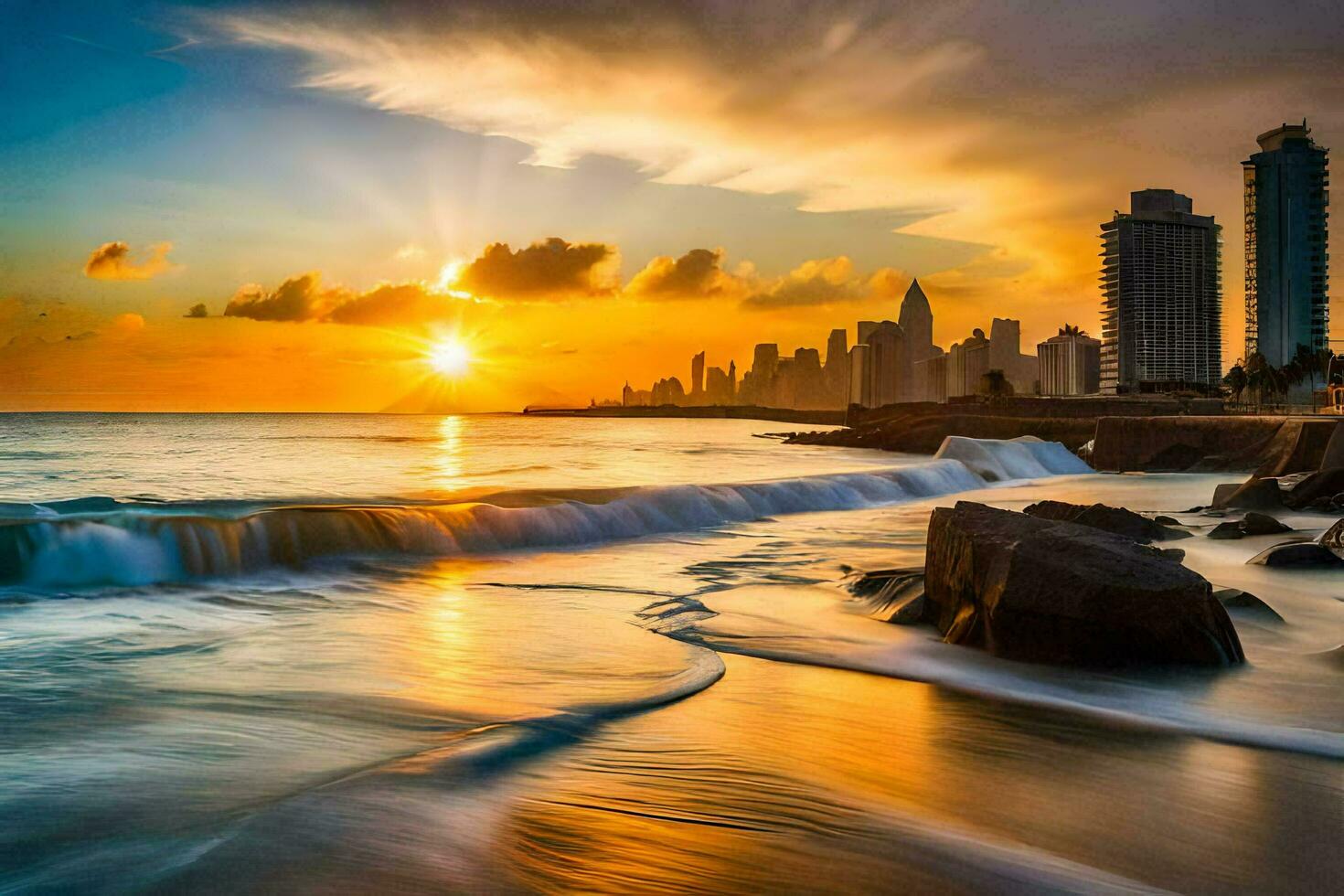the sun sets over the city skyline in caribbean. AI-Generated photo