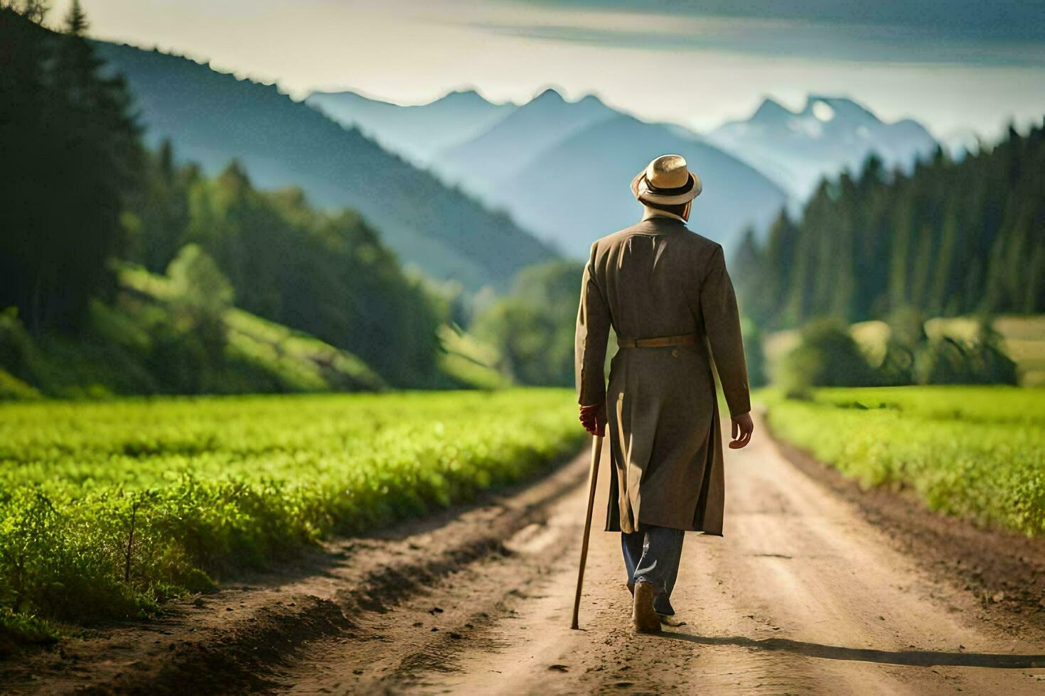 a man in a trench coat and hat walking down a dirt road. AI-Generated photo