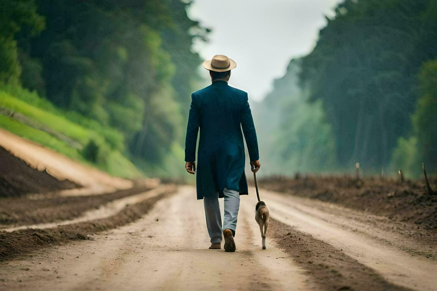 un hombre en un traje y sombrero caminando su perro abajo un suciedad la carretera. generado por ai foto