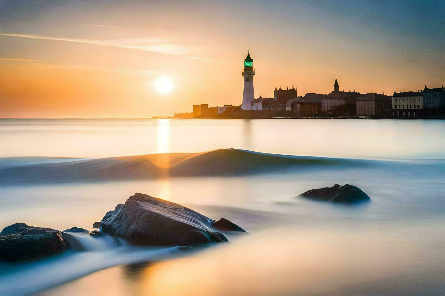 el Dom conjuntos terminado el Oceano y un faro. generado por ai foto