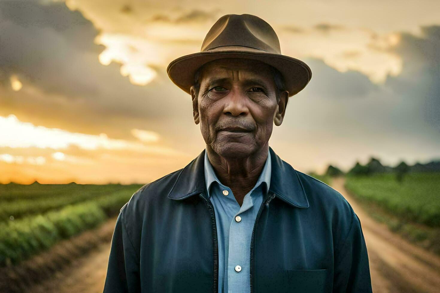an african american man in a hat stands in a field. AI-Generated photo