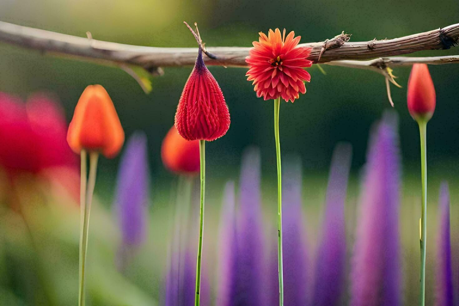 colorful flowers are on a branch in a field. AI-Generated photo