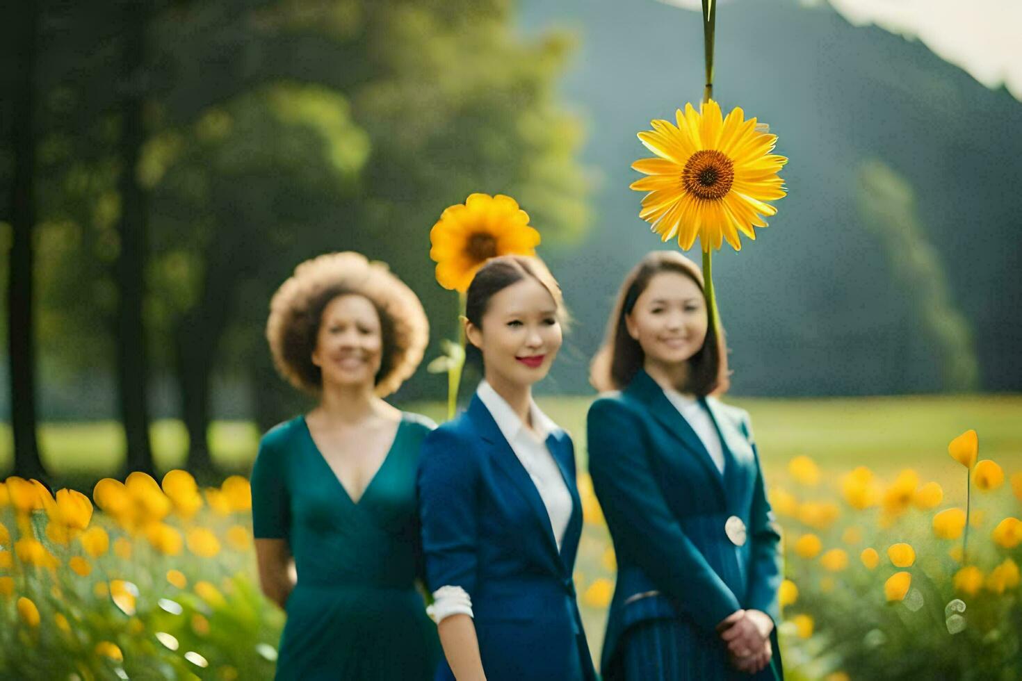 three women in blue suits standing in a field with sunflowers. AI-Generated photo