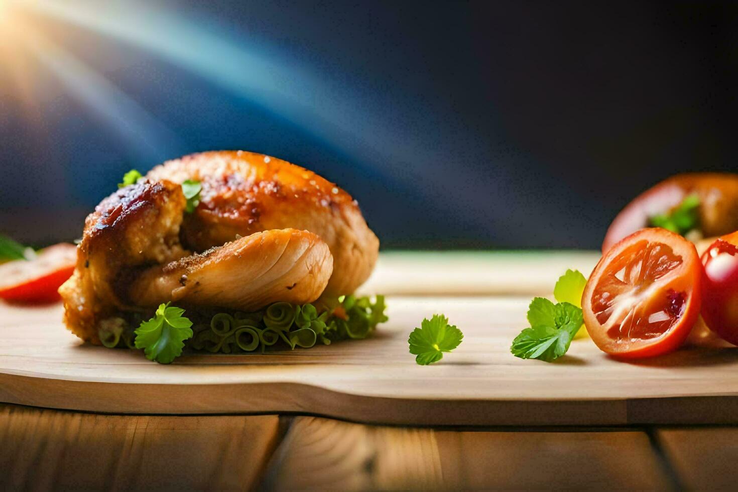 chicken on a cutting board with tomatoes and herbs. AI-Generated photo