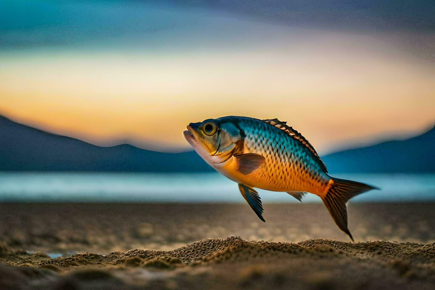 a fish is standing on the beach at sunset. AI-Generated photo