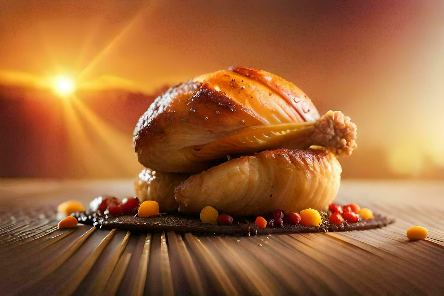 a chicken is sitting on top of a table with a sunset in the background. AI-Generated photo