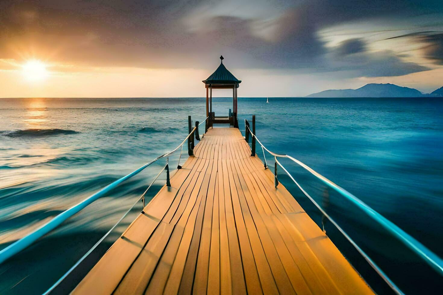 a pier with a gazebo in the water at sunset. AI-Generated photo