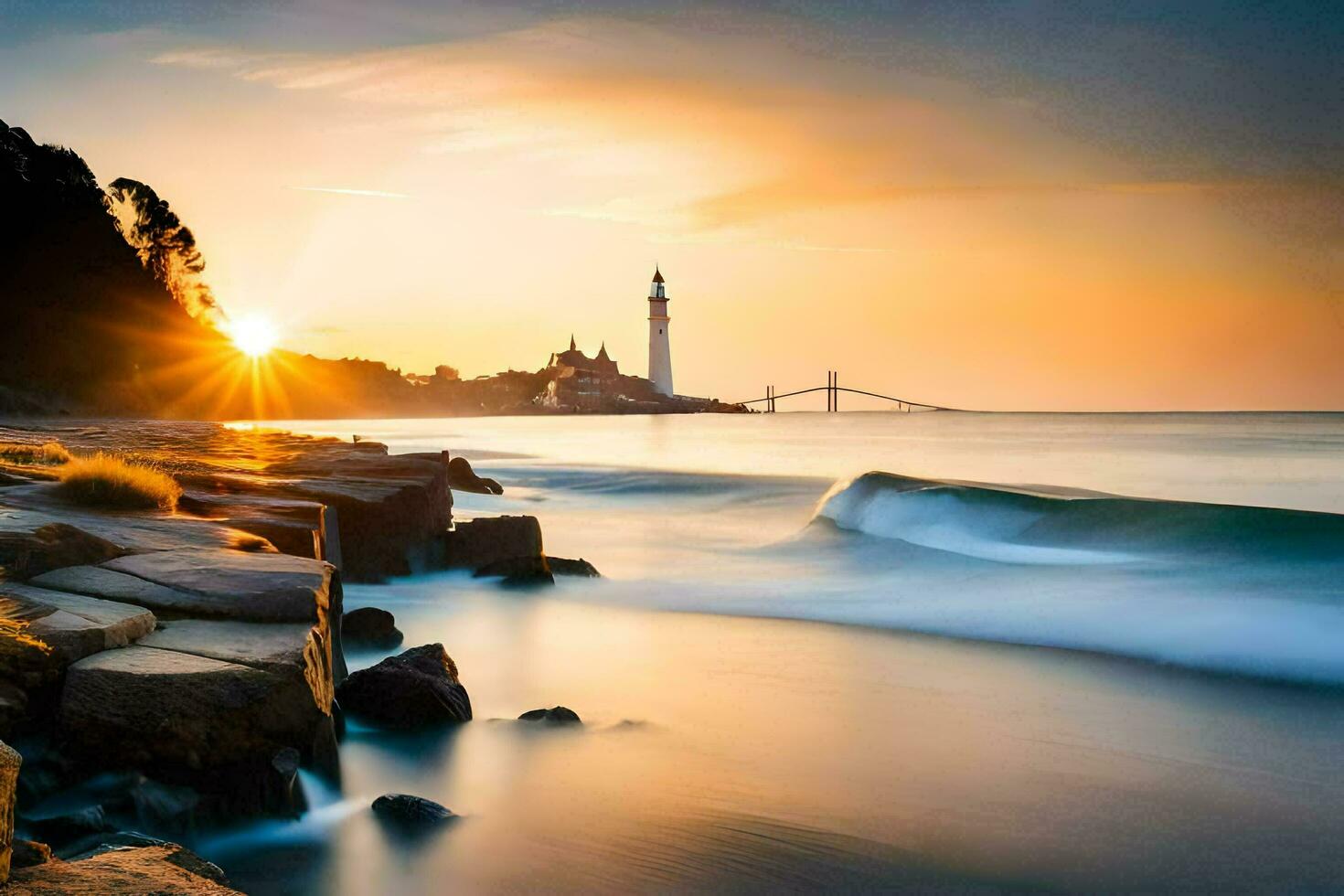 the sun rises over the ocean and lighthouse. AI-Generated photo