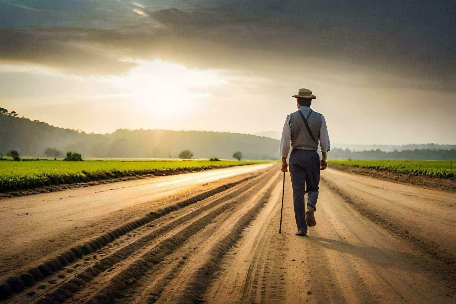 a man walking down a dirt road with a cane. AI-Generated photo
