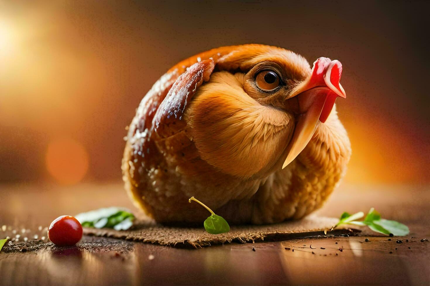 a chicken with a cherry on its head. AI-Generated photo