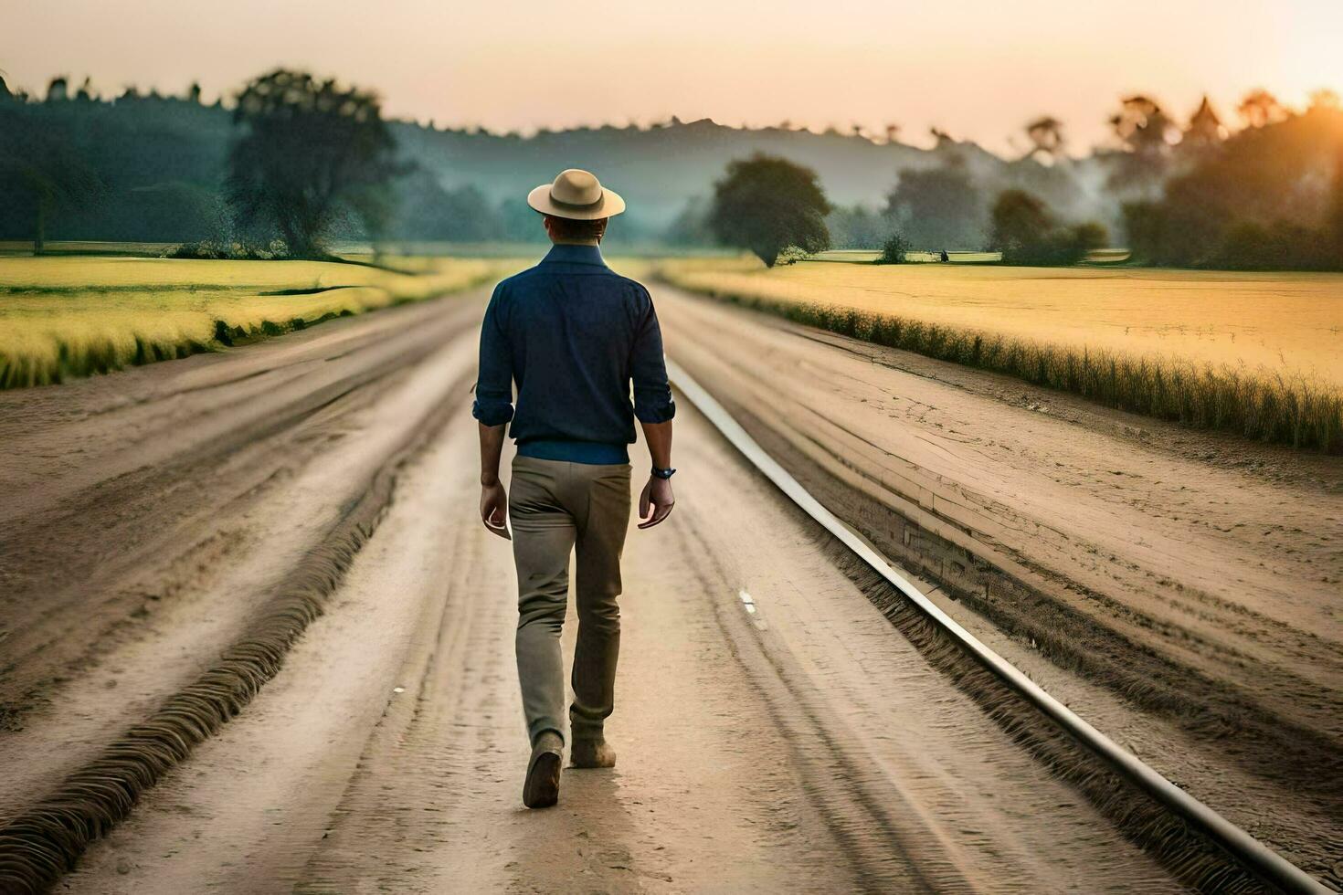 a man walking down a dirt road with a hat on. AI-Generated photo