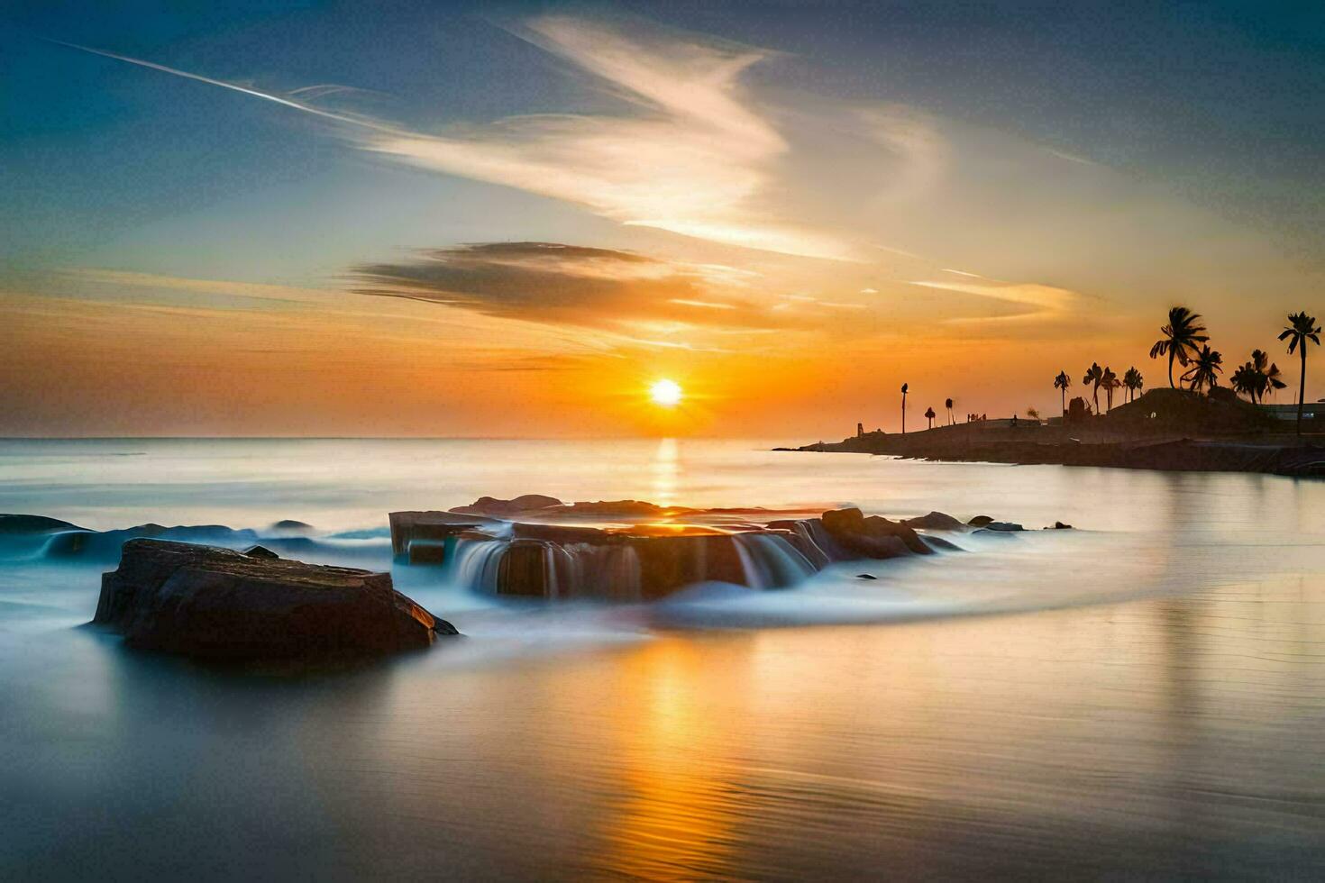 the sun sets over the ocean and rocks in the water. AI-Generated photo