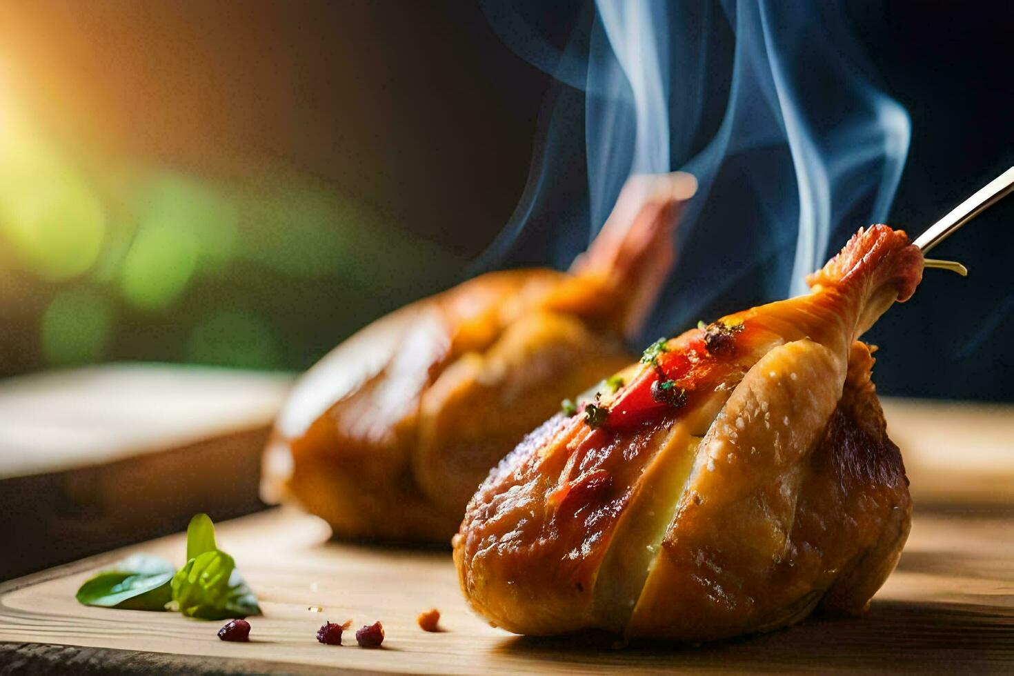 two pieces of chicken with a fork on top of a wooden board. AI-Generated photo
