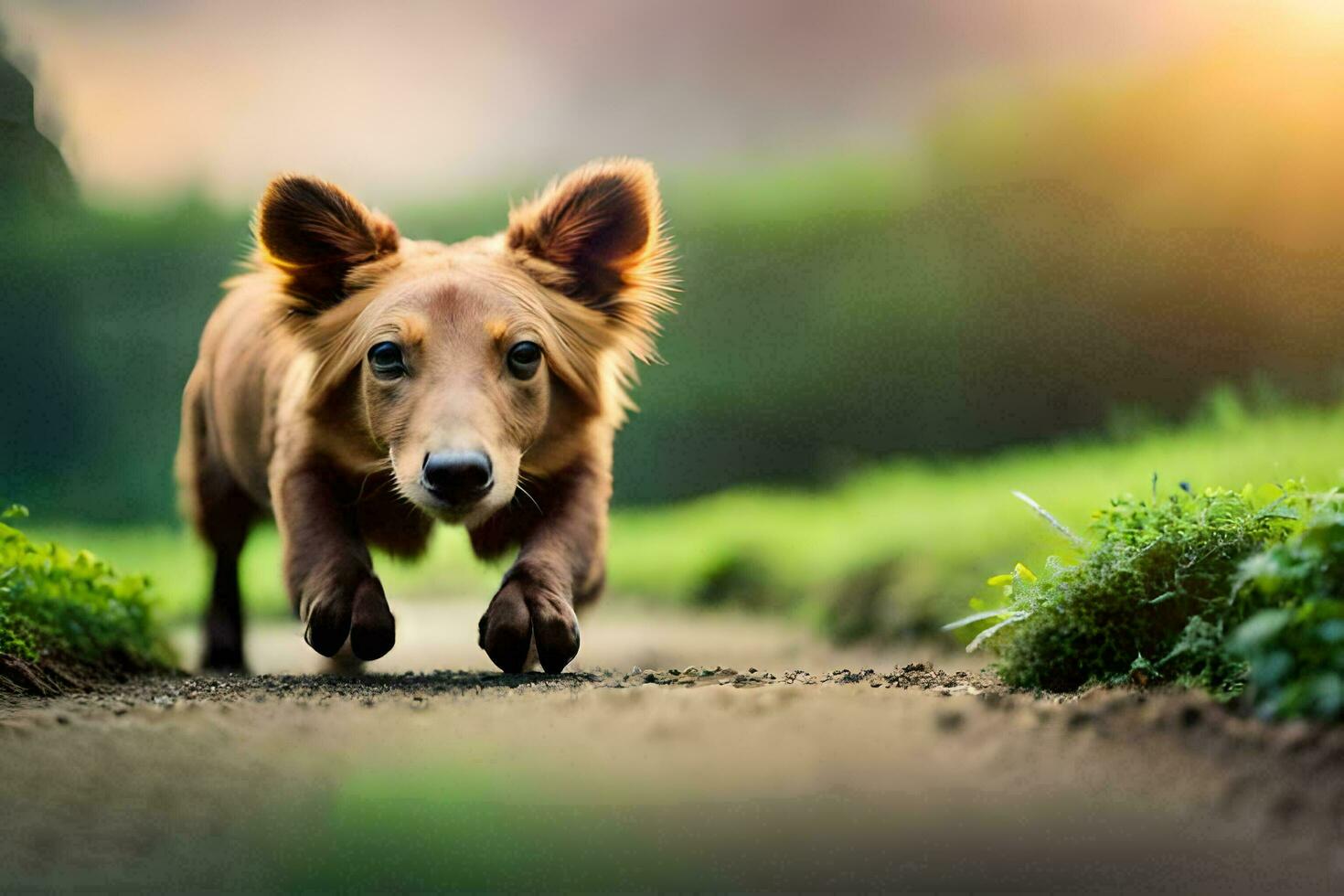 a dog running on a path in the grass. AI-Generated photo