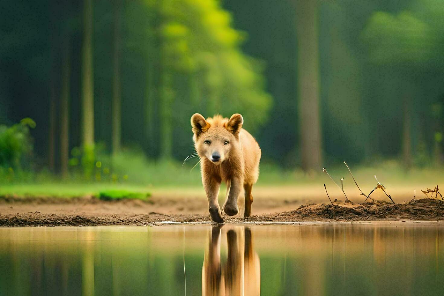 a fox walking across a field with water. AI-Generated photo