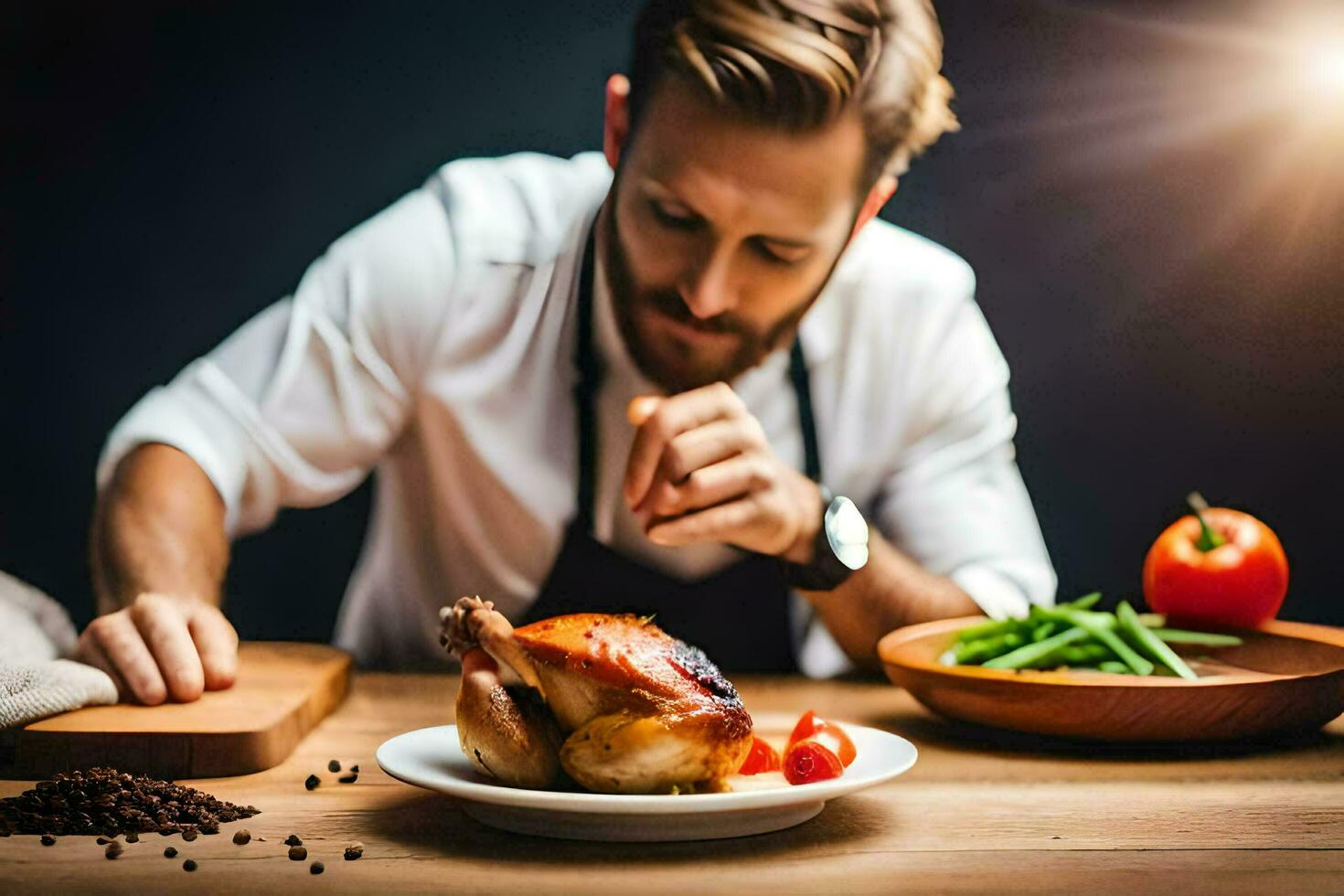 a man in an apron is looking at a roasted chicken. AI-Generated photo