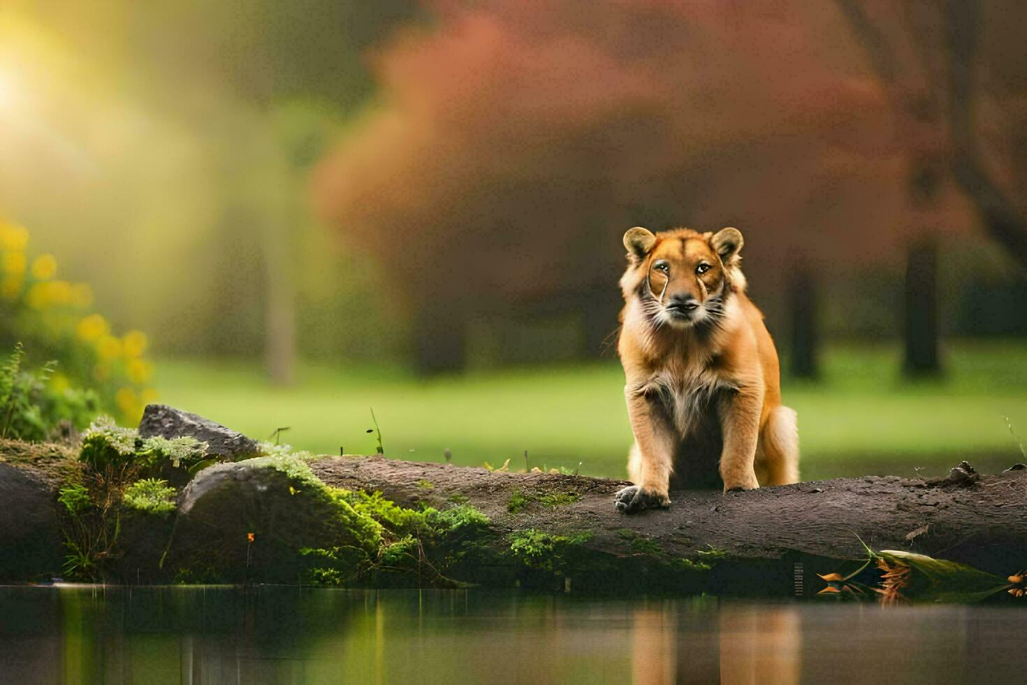 photo wallpaper the forest, water, tiger, the sun, the forest, the tiger, the. AI-Generated