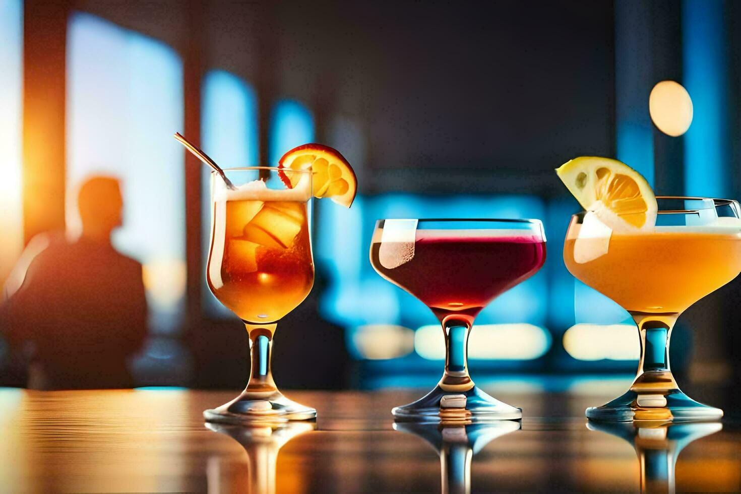 three different cocktails are lined up on a bar. AI-Generated photo