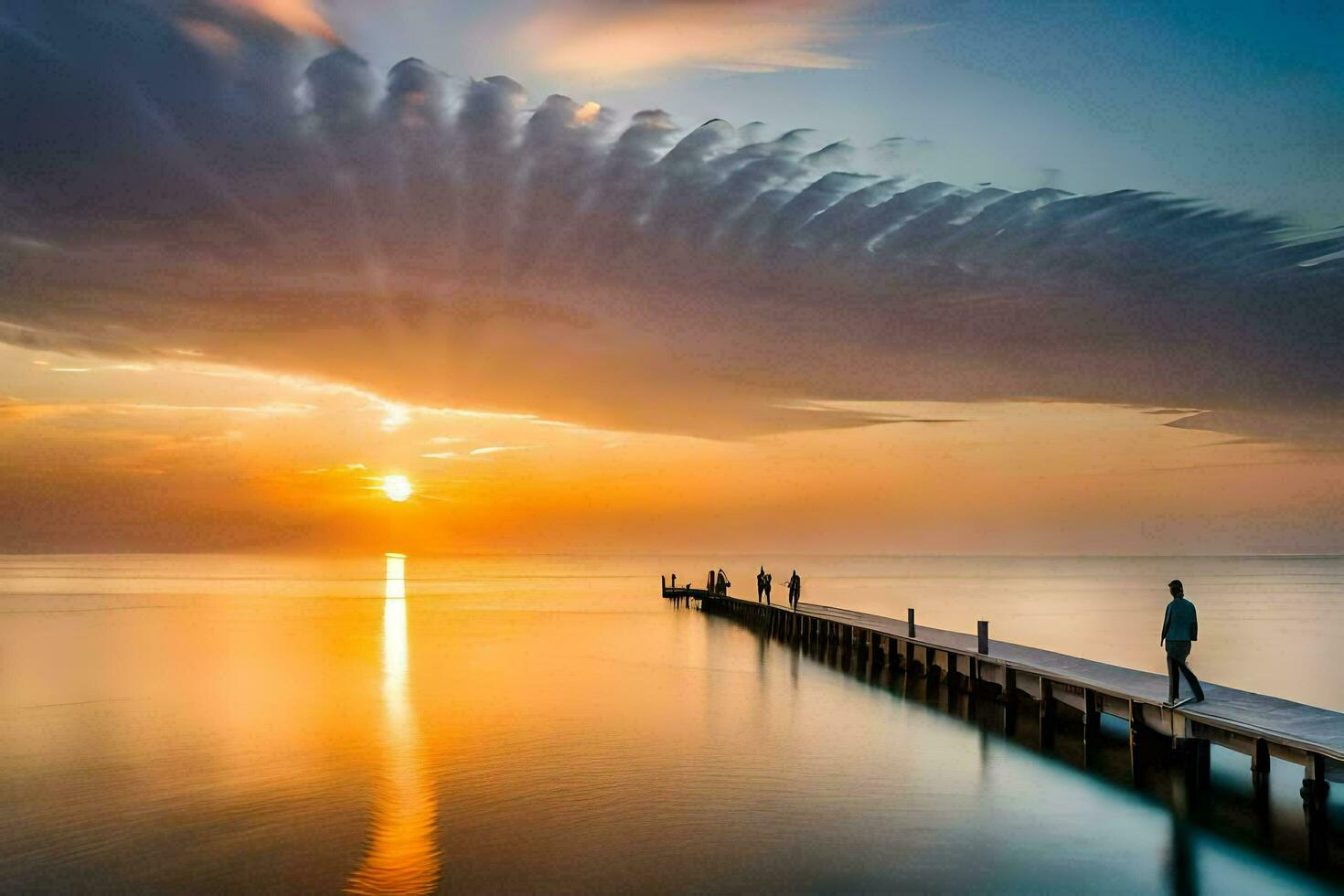 un hombre camina a lo largo un muelle a puesta de sol. generado por ai foto