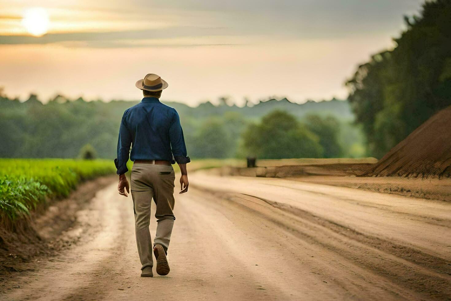 un hombre caminando abajo un suciedad la carretera con un sombrero en. generado por ai foto