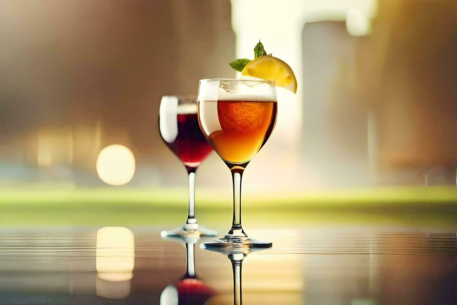 two glasses of wine with a slice of lemon on the rim. AI-Generated photo