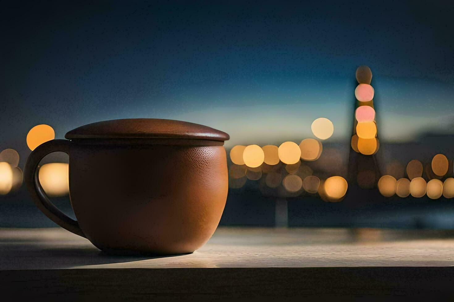 un café taza sentado en un mesa en frente de un ciudad horizonte. generado por ai foto