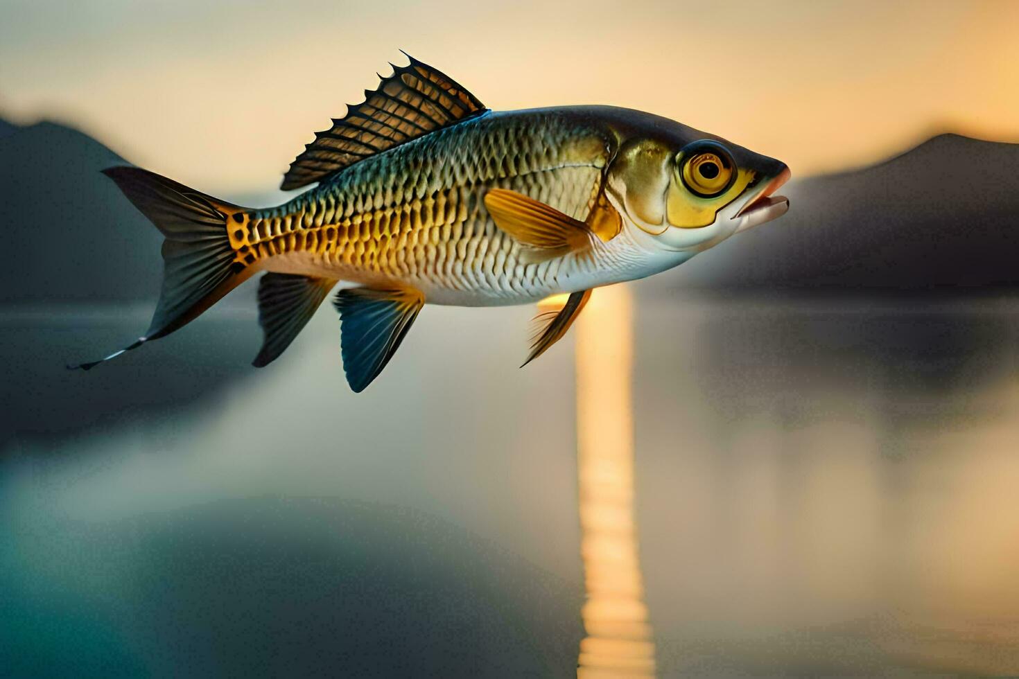 a fish is flying over a lake at sunset. AI-Generated photo