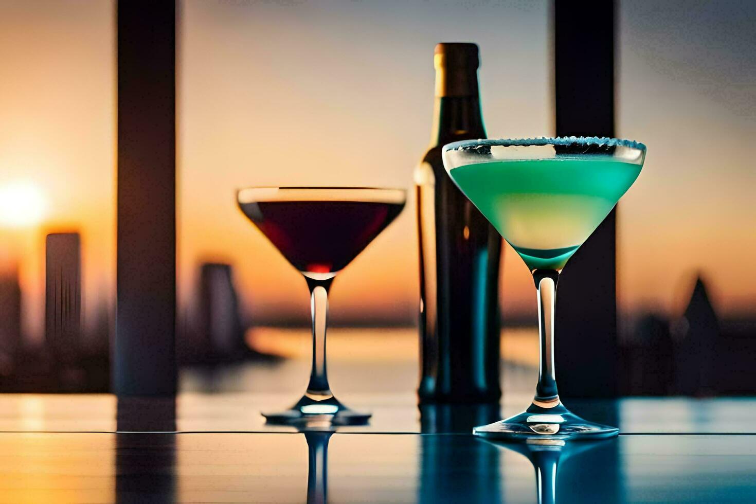 two cocktails sit on a table with a sunset in the background. AI-Generated photo