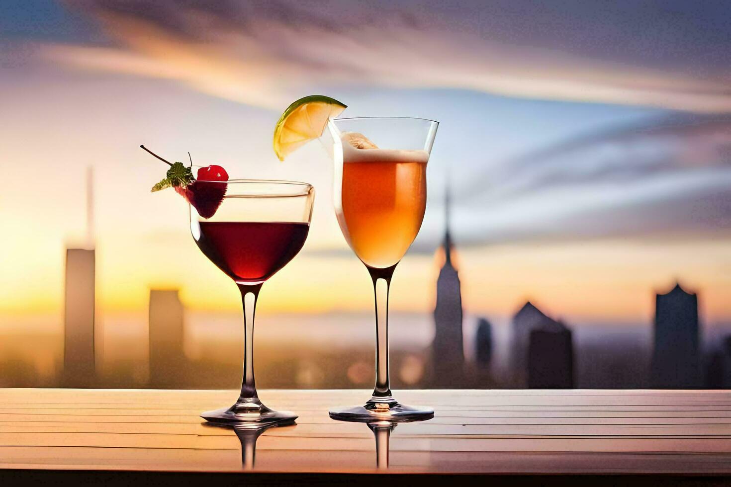two glasses of wine and a cocktail on a table with a city skyline in the background. AI-Generated photo