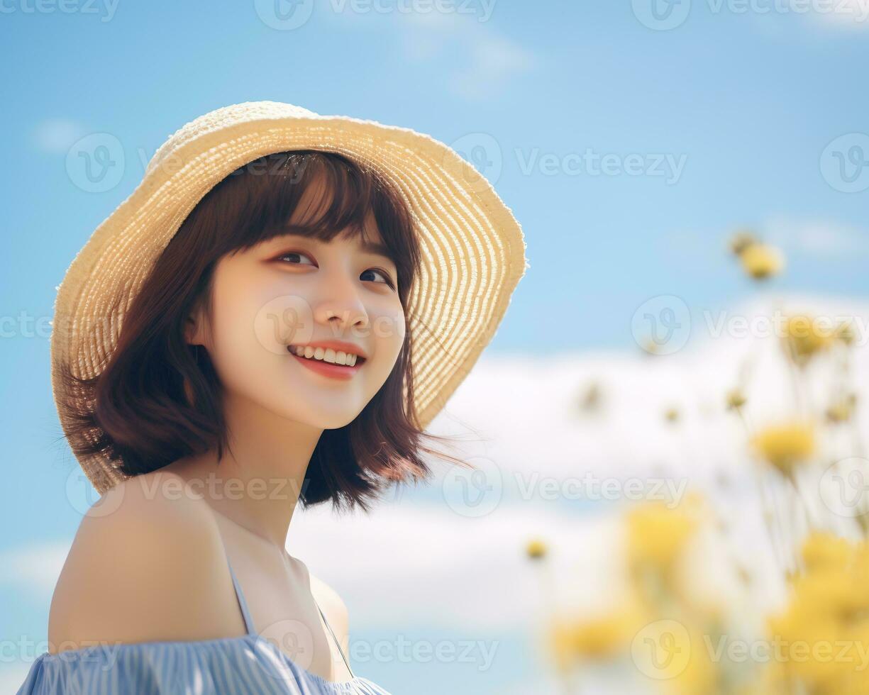 Cheerful asian girl enjoying summer AI Generative photo