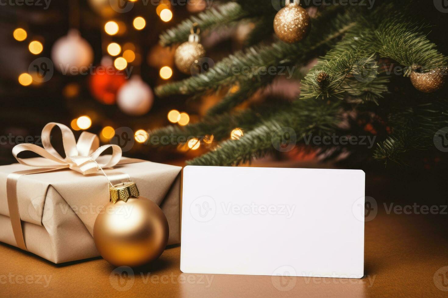 Gift box with a layout of a white card postcard near the Christmas tree with Christmas toys. AI Generated photo