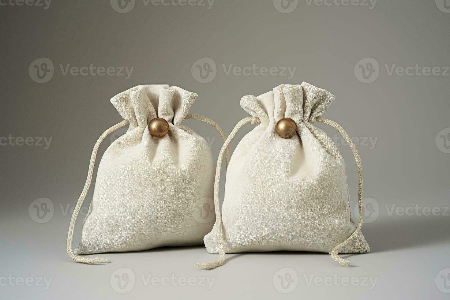 Beige silk fabric bags with laces for jewelry are on the table. AI generated photo