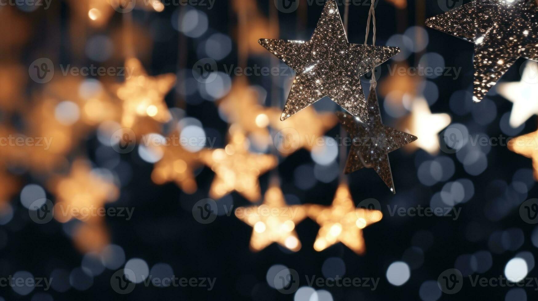 Banner with a garland of shiny stars made of gold paper, Christmas background with bokeh lights. AI Generated photo